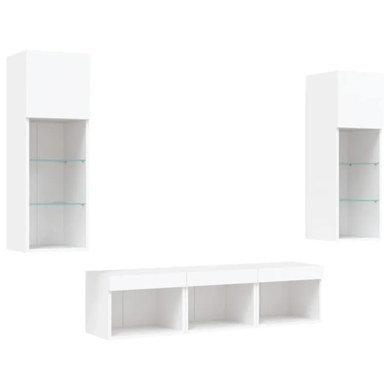 Sieninė TV sekcija su LED, 5 dalių, balta, apdirbta mediena