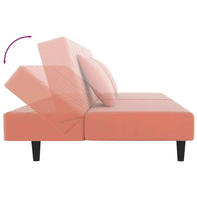 Dvivietė sofa-lova su dvejomis pagalvėmis, rožinė, aksomas
