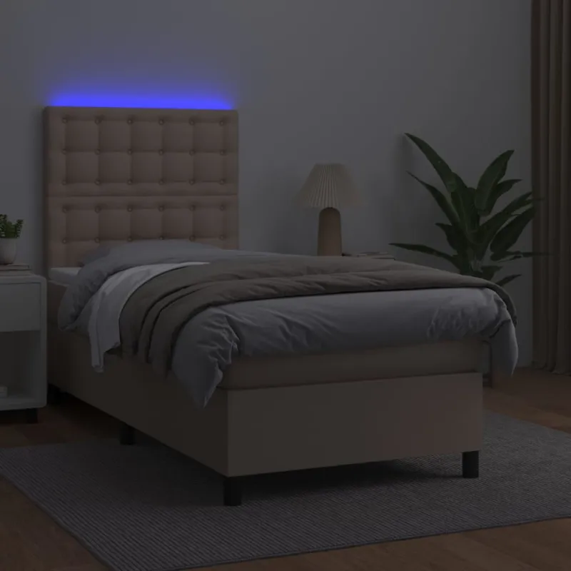 Lova su spyruoklėmis/čiužiniu/LED, kapučino, 100x200cm dirbtinė