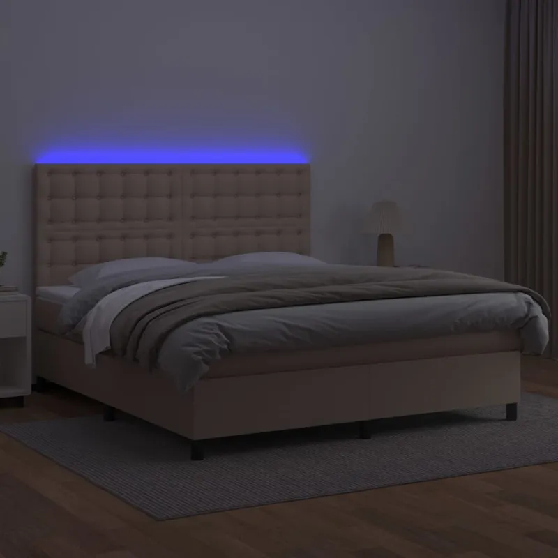Lova su spyruoklėmis/čiužiniu/LED, kapučino, 160x200cm dirbtinė