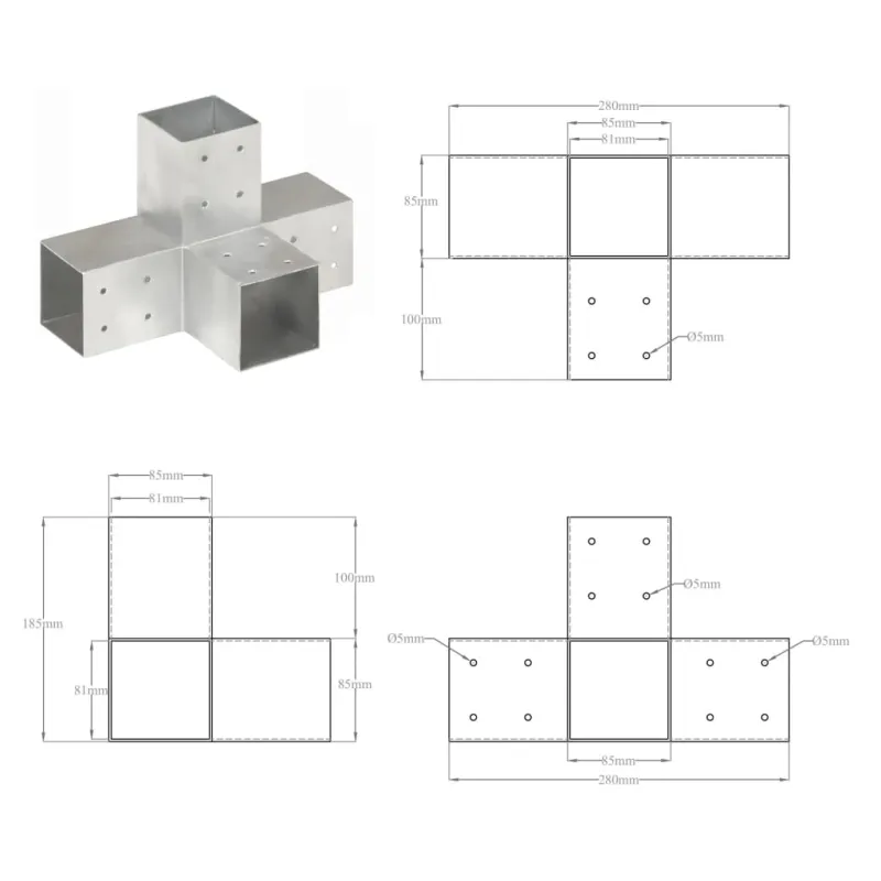 Stulpo sujungimas, 81x81mm, galvanizuotas metalas, X formos