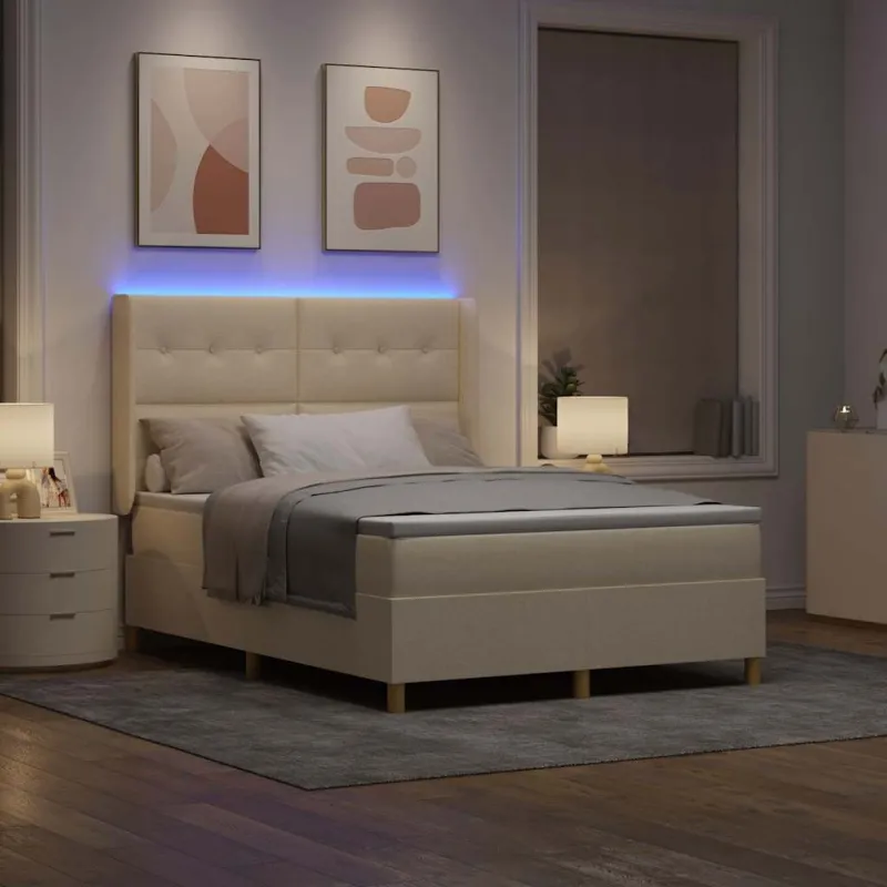 Kiemas lova su LED juostelėmis Kreminė 140 x 190 cm audinys