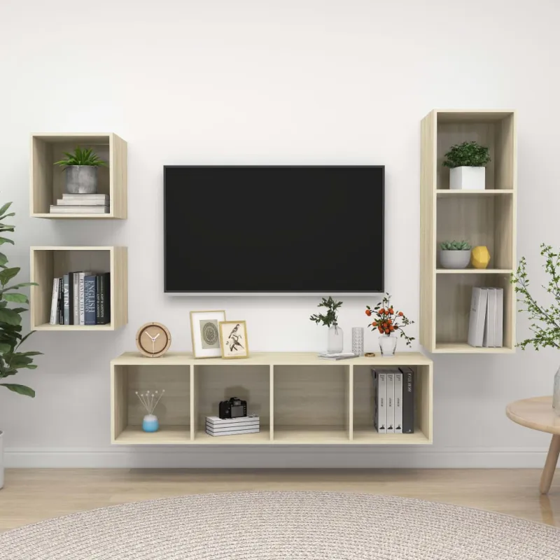 Televizoriaus spintelių komplektas, 4 dalių, ąžuolo, mediena