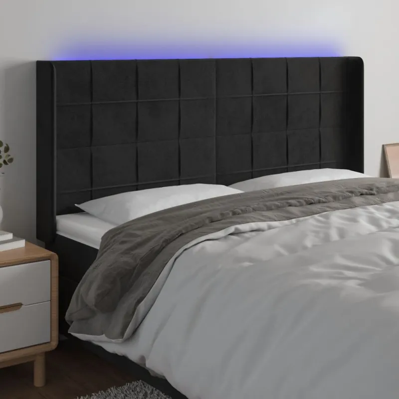 Galvūgalis su LED, juodos spalvos, 203x16x118/128cm, aksomas
