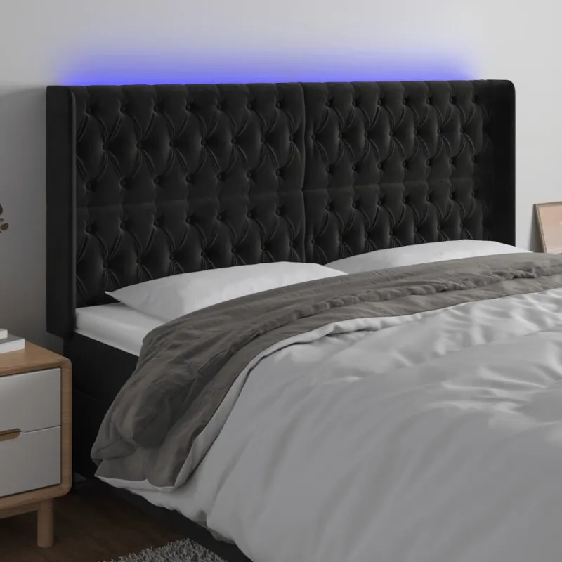 Galvūgalis su LED, juodos spalvos, 183x16x118/128cm, aksomas