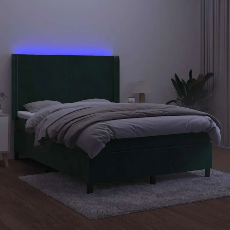 Lova su spyruoklėmis/čiužiniu/LED, žalia, 140x190cm, aksomas