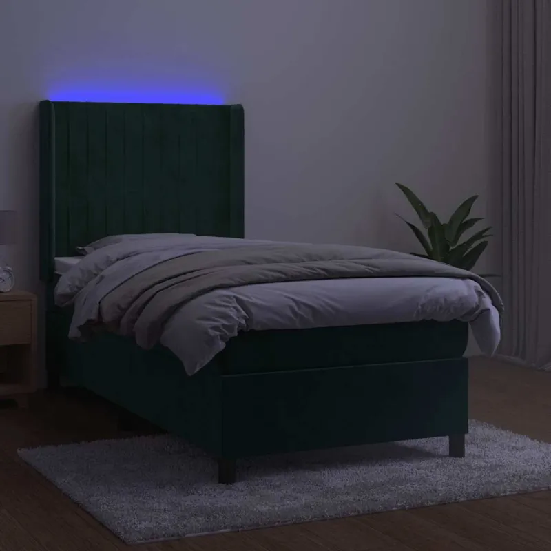 Lova su spyruoklėmis/čiužiniu/LED, žalia, 80x200cm, aksomas
