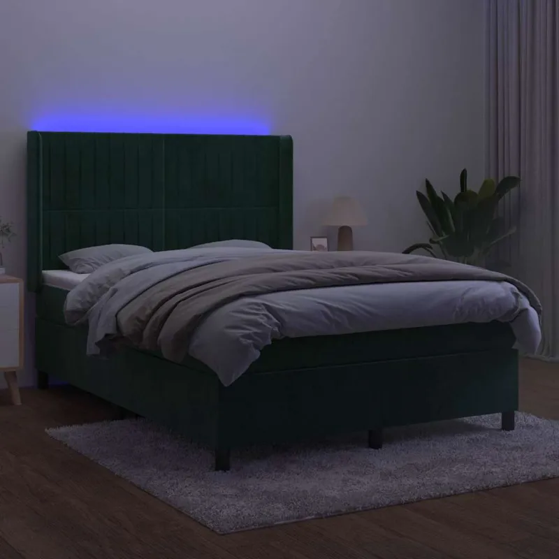 Lova su spyruoklėmis/čiužiniu/LED, žalia, 140x190cm, aksomas