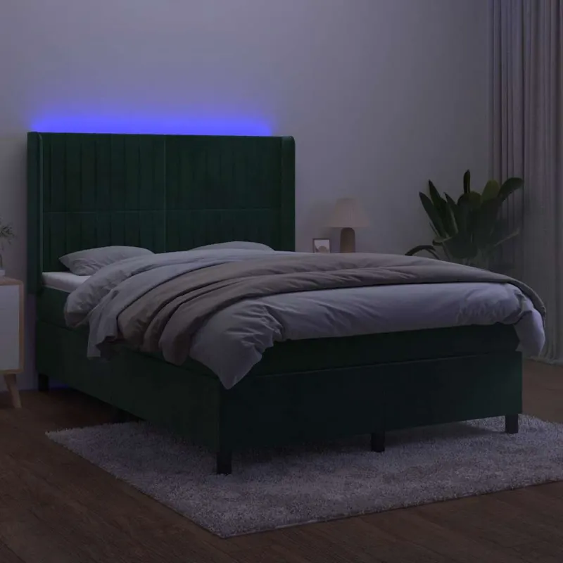 Lova su spyruoklėmis/čiužiniu/LED, žalia, 140x200cm, aksomas