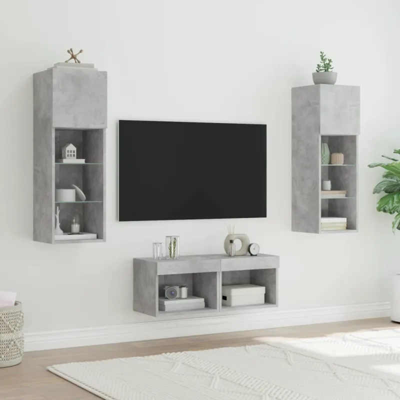 Sieninės TV spintelės su LED lemputėmis, 4 dalių, betono pilkos