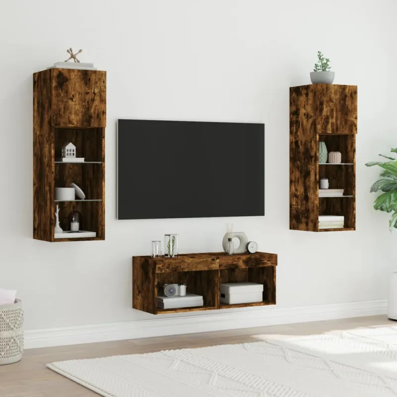 Sieninės TV spintelės su LED lemputėmis, 4 dalių, dūminės