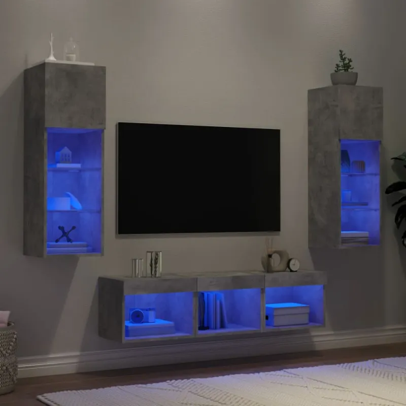 Sieninė TV sekcija su LED, 5 dalių, betono, apdirbta mediena