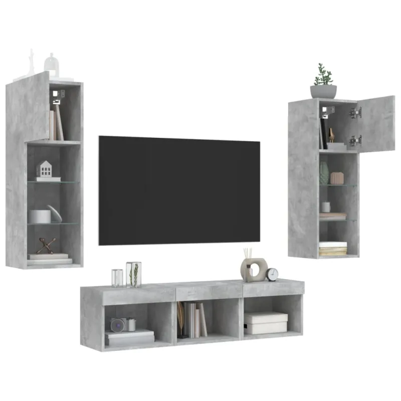 Sieninė TV sekcija su LED, 5 dalių, betono, apdirbta mediena