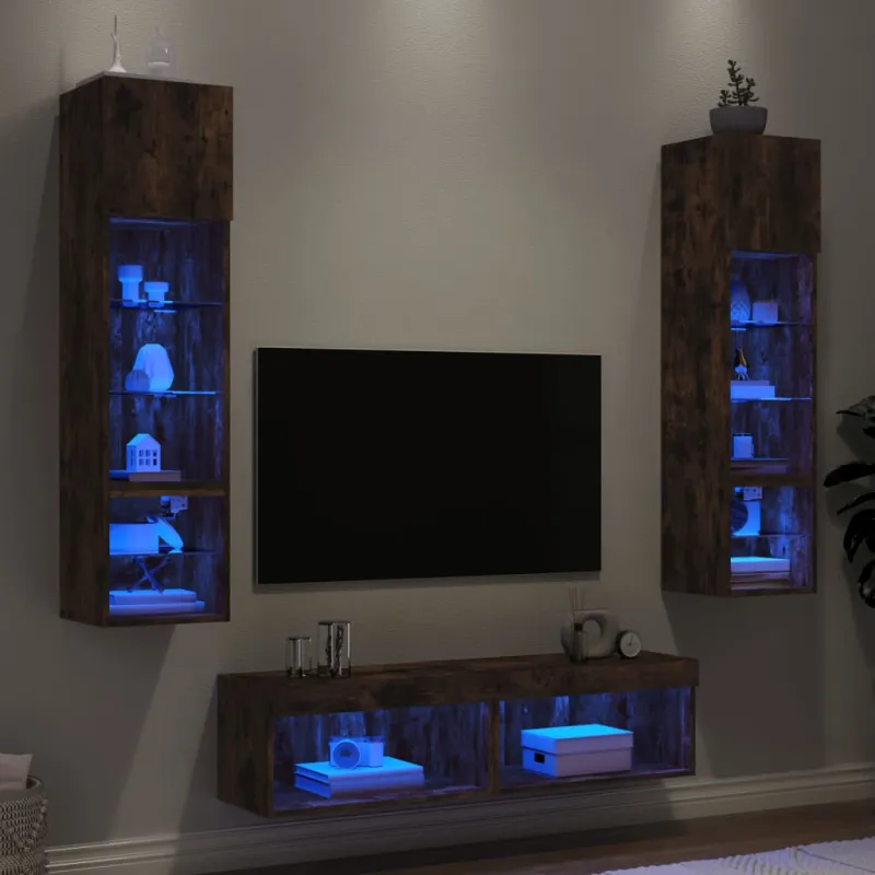 Sieninė TV sekcija su LED, 6 dalių, dūminio ąžuolo, mediena