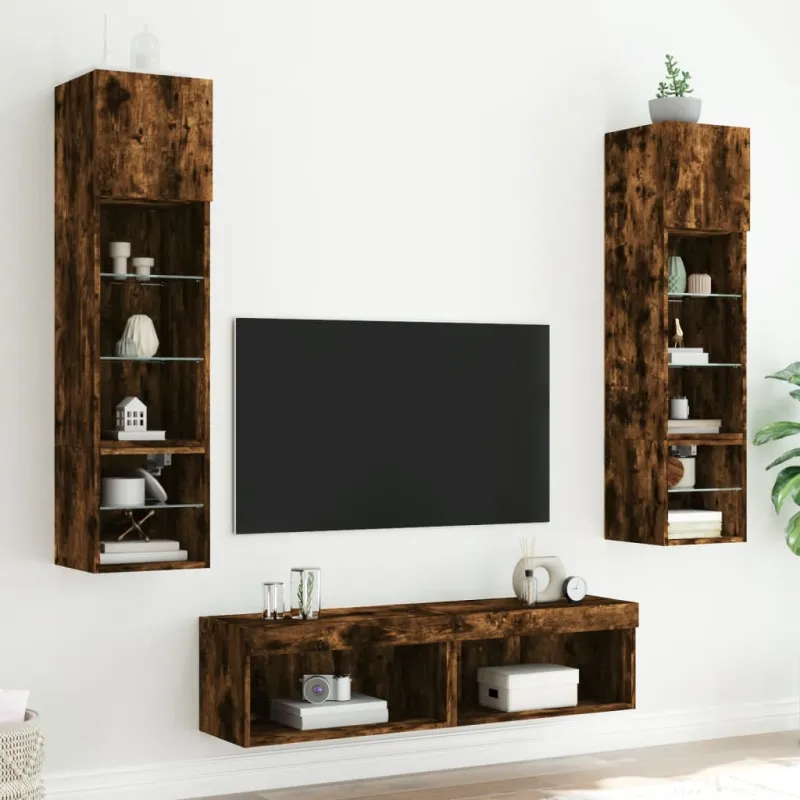 Sieninė TV sekcija su LED, 6 dalių, dūminio ąžuolo, mediena