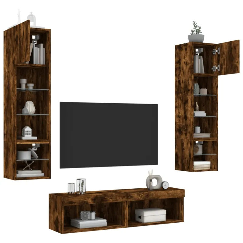 Sieninė TV sekcija su LED, 6 dalių, dūminio ąžuolo, mediena