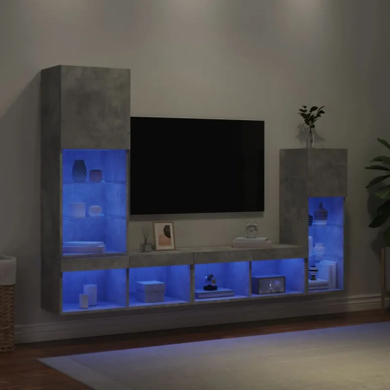Sieninė TV sekcija su LED, 4 dalių, betono, apdirbta mediena