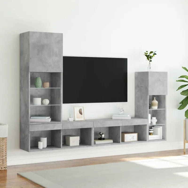 Sieninė TV sekcija su LED, 4 dalių, betono, apdirbta mediena