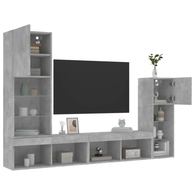 Sieninė TV sekcija su LED, 4 dalių, betono, apdirbta mediena