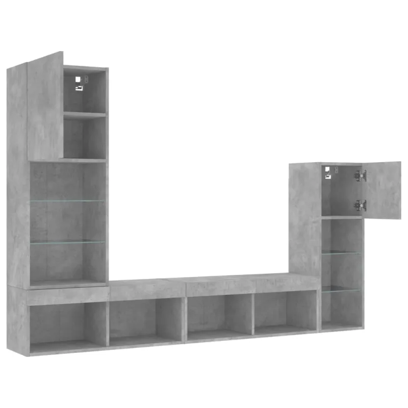 Sieninė TV sekcija su LED, 4 dalių, betono, apdirbta mediena