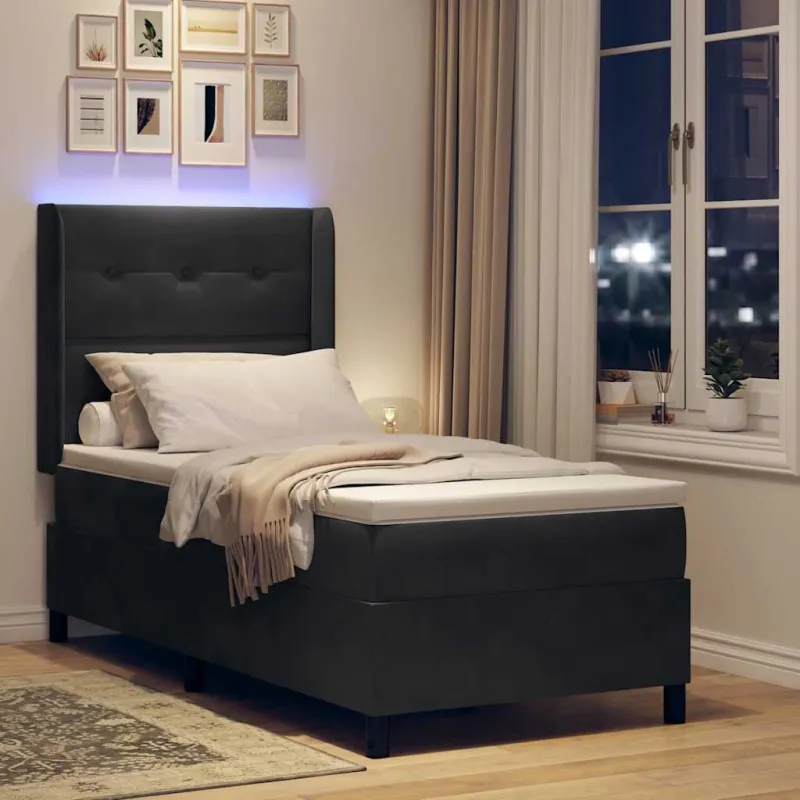 Kiemas lova su čiužiniu su LED Juoda 100 x 200 cm Aksomas
