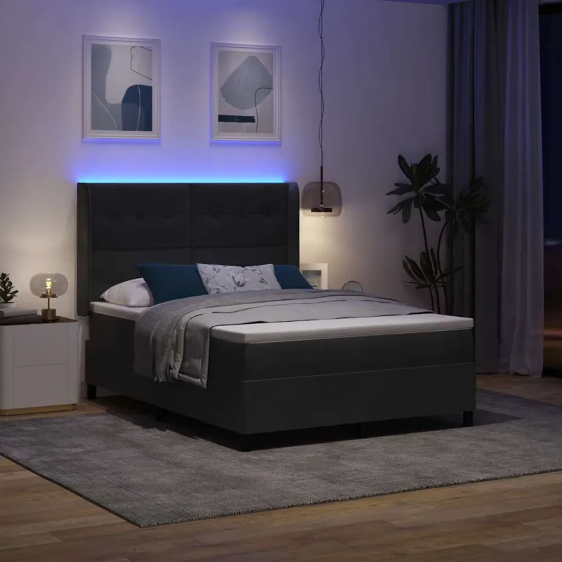 Kiemas lova su LED juostelėmis Juoda 140 x 190 cm Aksomas
