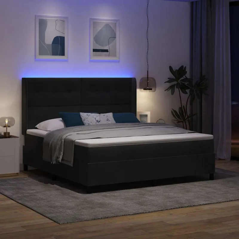 Kiemas lova su čiužiniu su LED Juoda 180 x 200 cm Aksomas