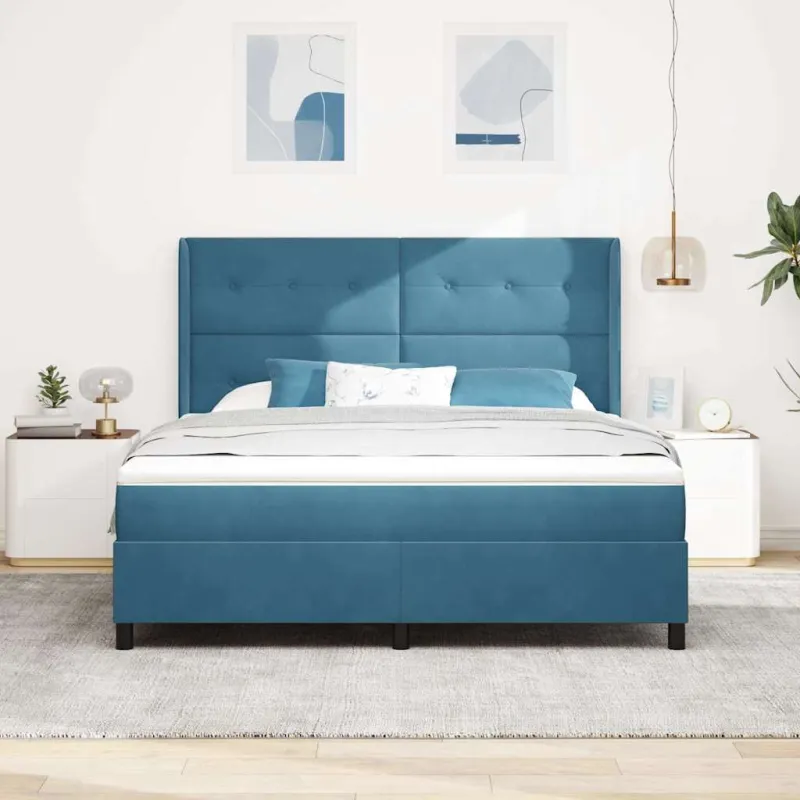 Kiemas lova su čiužiniu su LED Mėlyna 180 x 200 cm Aksomas