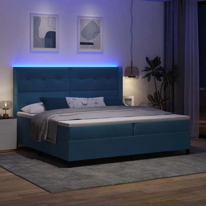 Kiemas lova su čiužiniu su LED Mėlyna 200 x 200 cm Aksomas