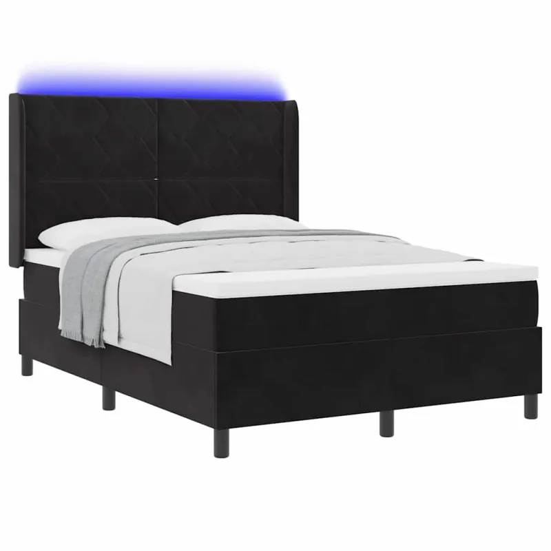 Kiemas lova su LED juostelėmis Juoda 140 x 190 cm Aksomas