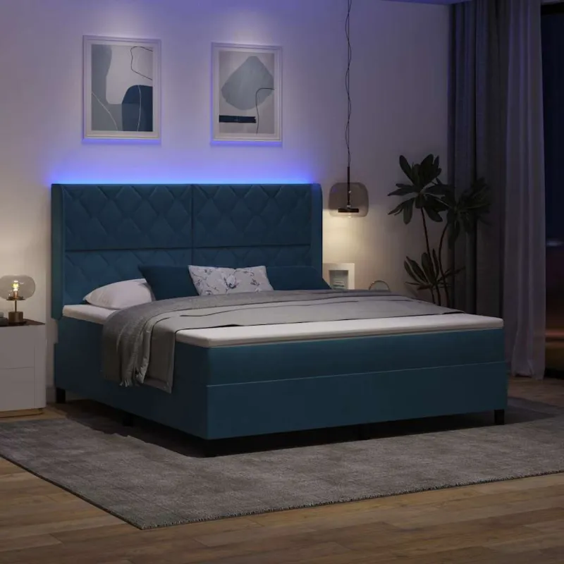 Kiemas lova su čiužiniu su LED Mėlyna 180 x 200 cm Aksomas
