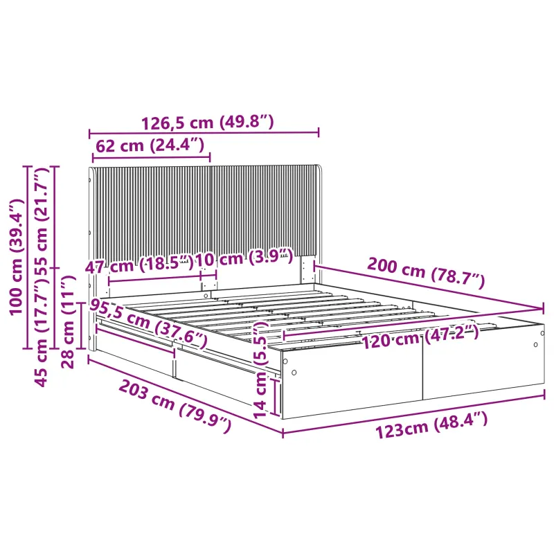 Lovos rėmas su saugojimu ir nugara Sonoma ąžuolas 120 x 200 cm