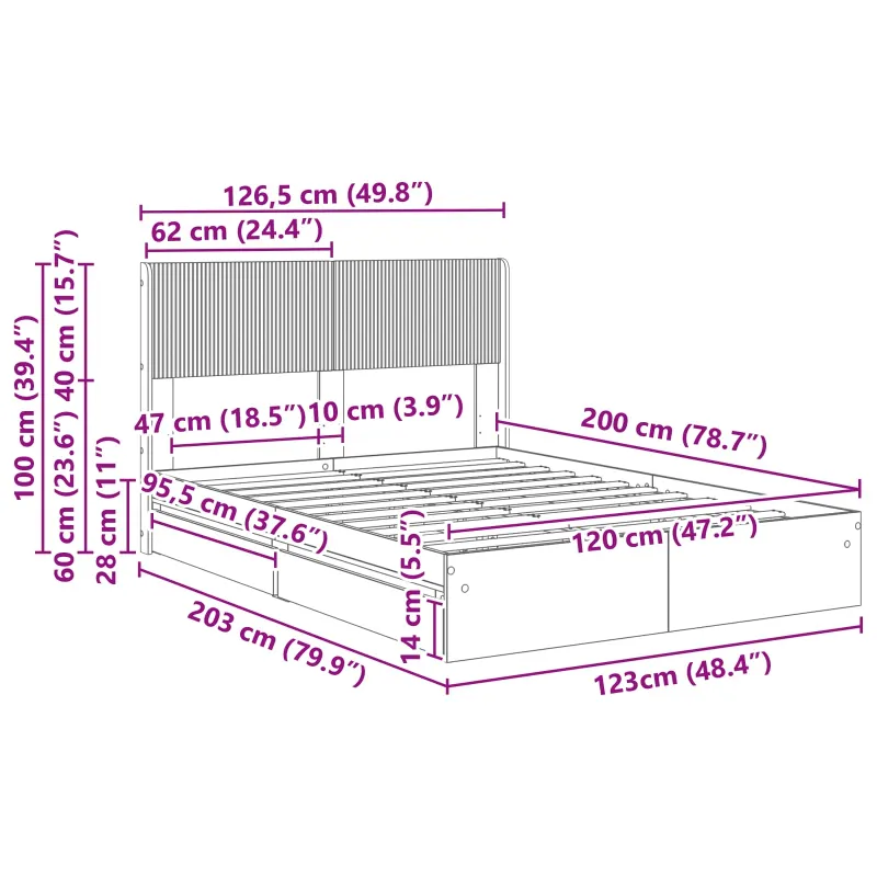 Lovos rėmas su saugojimu ir nugara Sonoma ąžuolas 120 x 200 cm