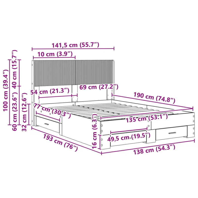 Lovos rėmas su saugojimu ir nugara Juoda 135 x 190 cm