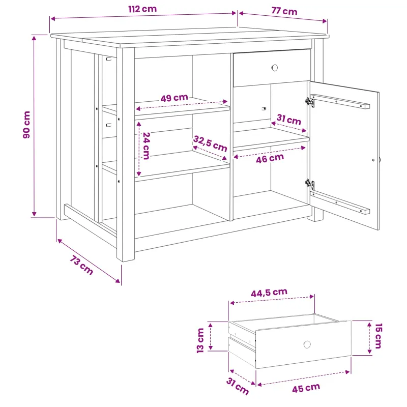 Virtuvės vežimėlis PANAMA 2 pcs Medaus vaškas 112 x 77 x 90 cm