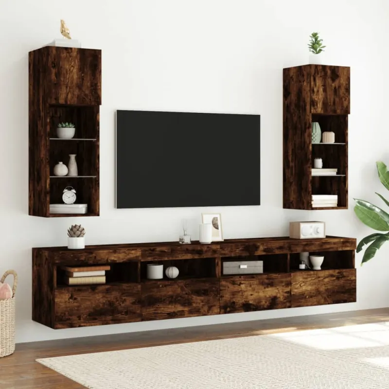 TV spintelė su LED lemputėmis, dūminio ąžuolo, 30,5x30x90cm