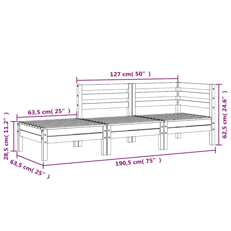 Trivietė sodo sofa, vaško ruda, pušies medienos masyvas