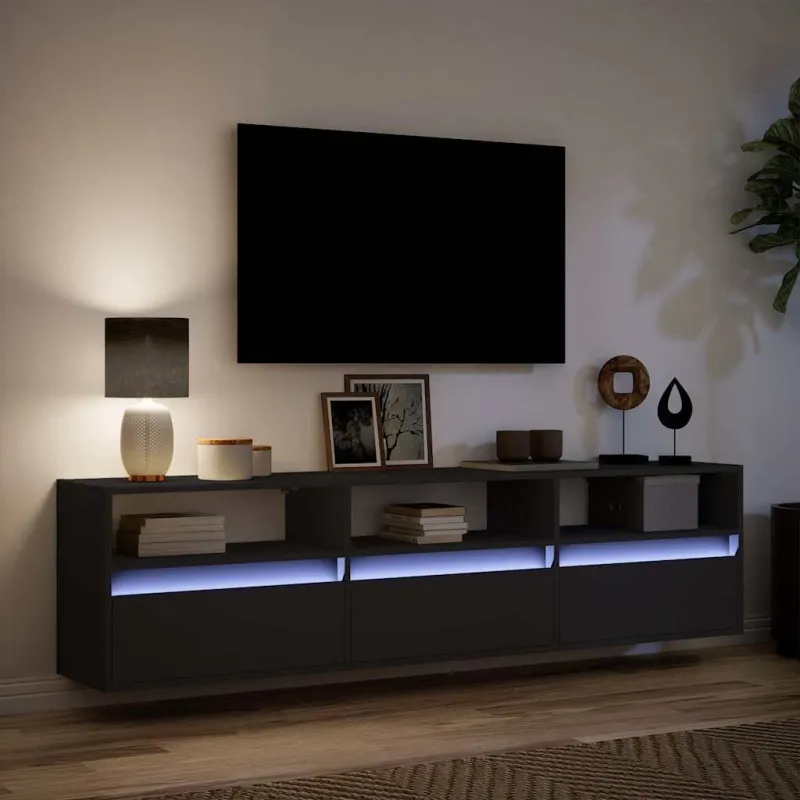 Sieninė TV spintelė su LED, juoda, 180x31x45 cm