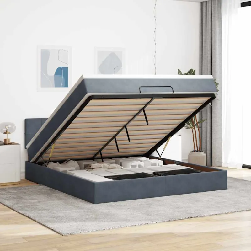 Lova su čiužiniu, tamsiai pilka, 160x200 cm, aksomas
