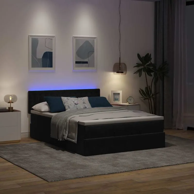 Pufas su čiužiniu ir LED lemputėmis, juodas, 140x200cm, aksomas