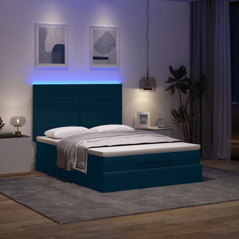 Pufas su čiužiniais ir LED lemputėmis, tamsiai mėlynas, 140x200cm, aksomas