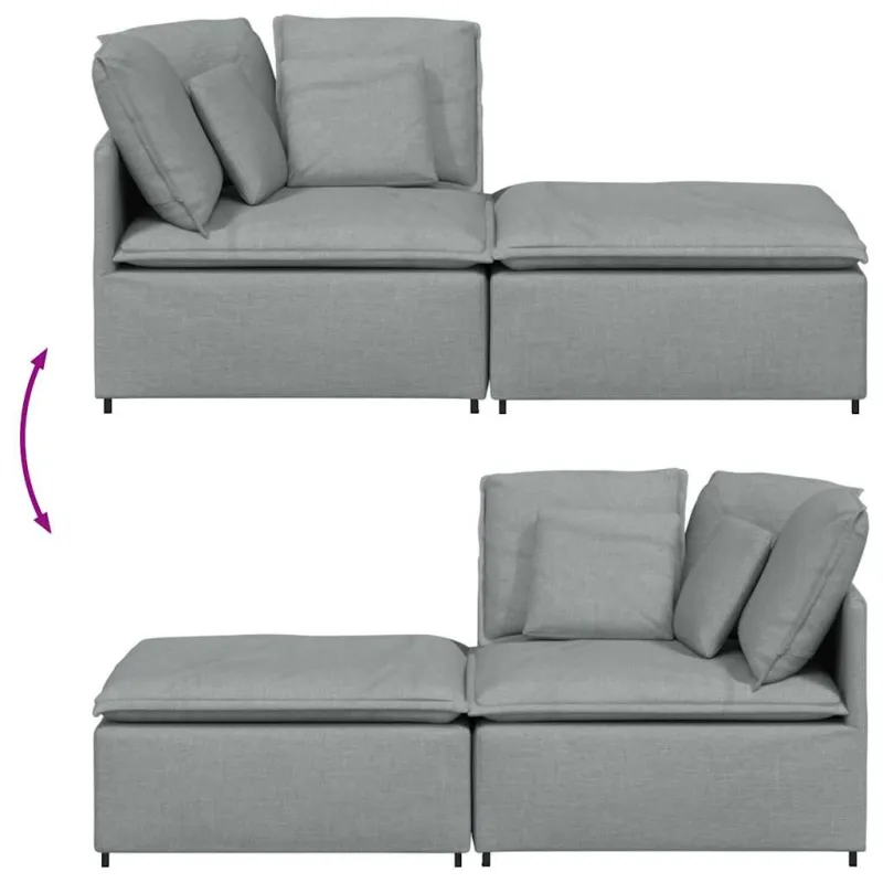 Modulinė sofa su pakoja ir pagalvėlėmis, audinys, šviesiai pilka