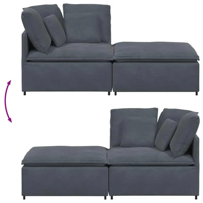 Modulinė sofa su pakoja ir pagalvėlėmis, aksominė, tamsiai pilka