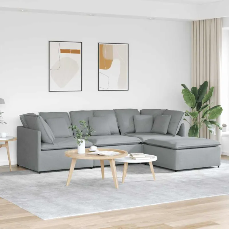 Modulinė sofa su pakoja ir pagalvėlėmis, audinys, šviesiai pilka