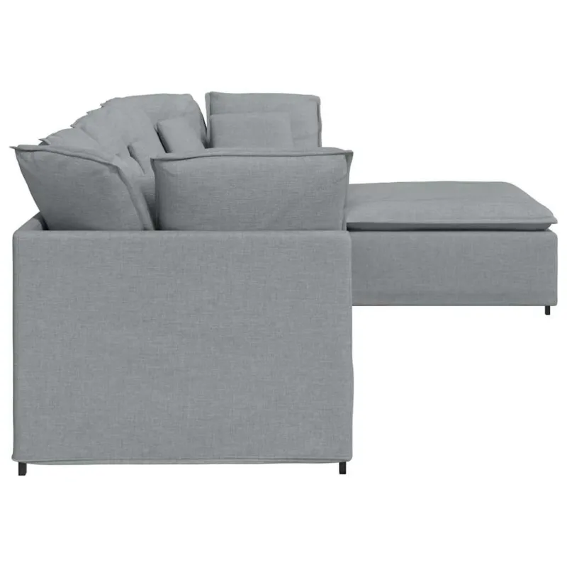 Modulinė sofa su pakoja ir pagalvėlėmis, audinys, šviesiai pilka