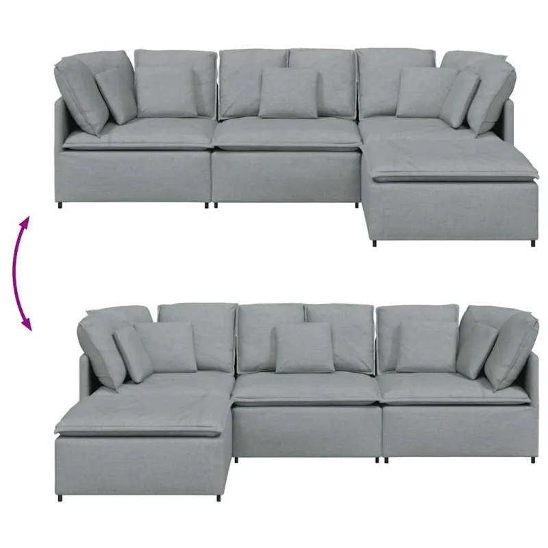 Modulinė sofa su pakoja ir pagalvėlėmis, audinys, šviesiai pilka