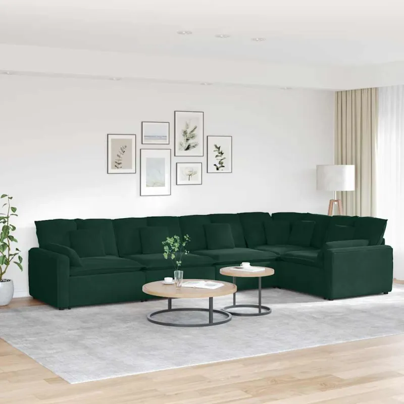 Modulinė sofa su pagalvėlėmis, aksominė, tamsiai žalia