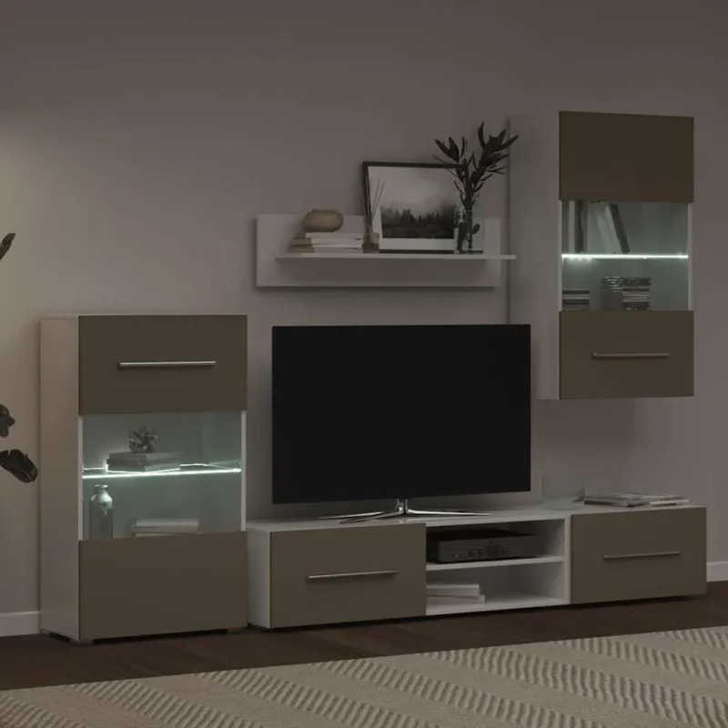 5 dalių televizoriaus spintelės su LED apšvietimu, akmens pilkos spalvos, inžinerinė mediena