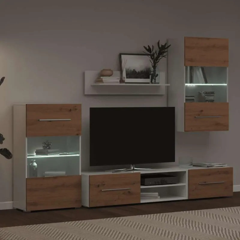 5 dalių televizoriaus spintelės su LED apšvietimu, dirbtinio ąžuolo spalvos, inžinerinė mediena