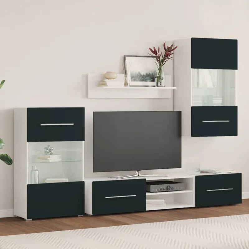 5 dalių televizoriaus spintelės su LED apšvietimu, matinės indigo spalvos, inžinerinė mediena